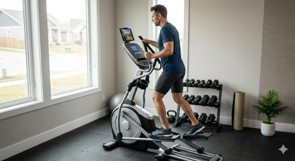 A man actively using a durable, gym-quality elliptical machine in a home gym setting, illustrating high-performance home exercise equipment.