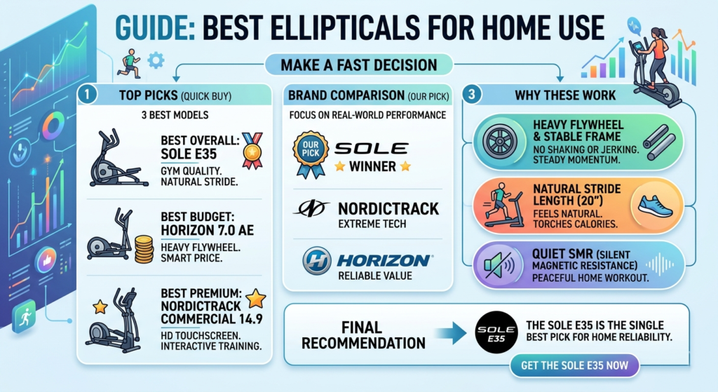 guide infographic comparing best home ellipticals like Sole E35 and NordicTrack Commercial 14.9, highlighting performance factors and top picks for home gym use.