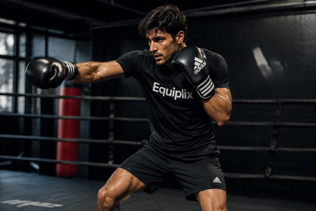 Professional athlete using adidas combat sports equipment for boxing training.