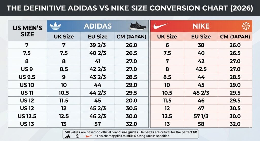  Adidas vs Nike size chart 2026
