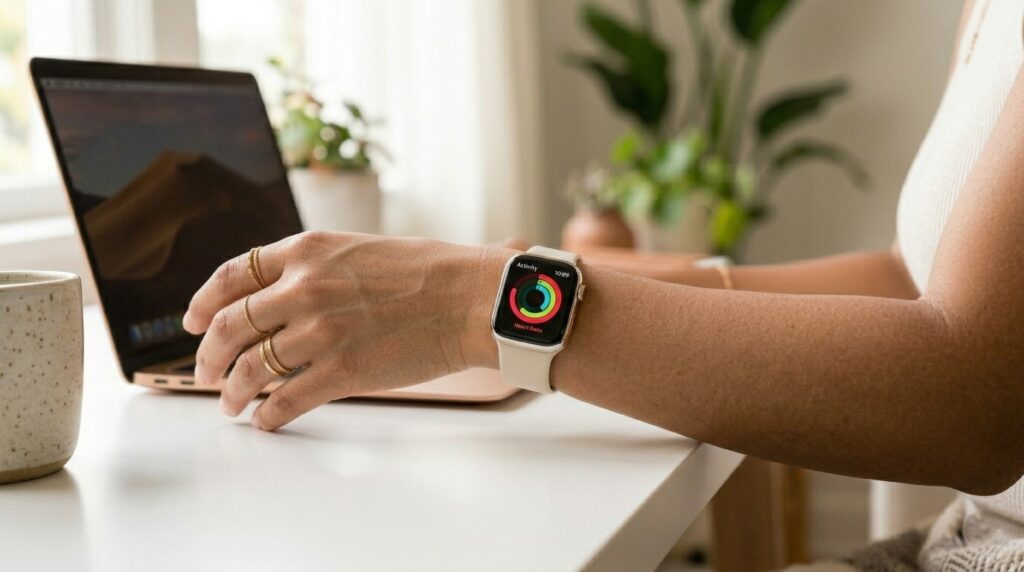 This image features the Apple Watch Series 10 in Starlight. The context is a minimal home office or desk, with the watch displaying the iconic activity rings. The scene highlights the device’s strong smart features and ecosystem integration.
