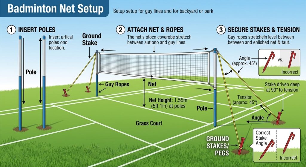 Diagram showing how to set up a badminton net with stakes.