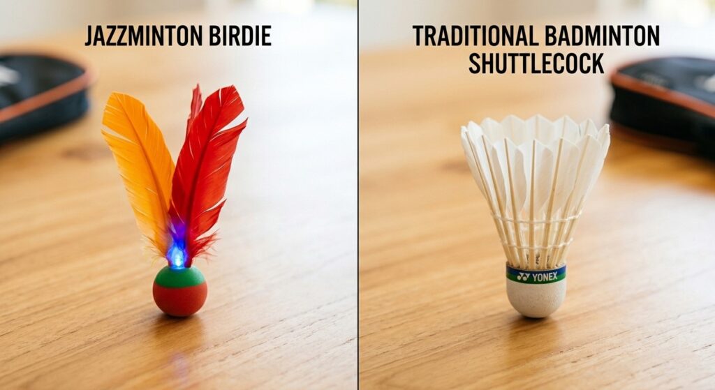 Difference between a jazzminton sport birdie and a badminton shuttlecock.