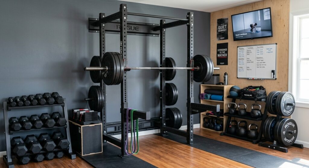 An organized home gym setup with a barbell on a power rack