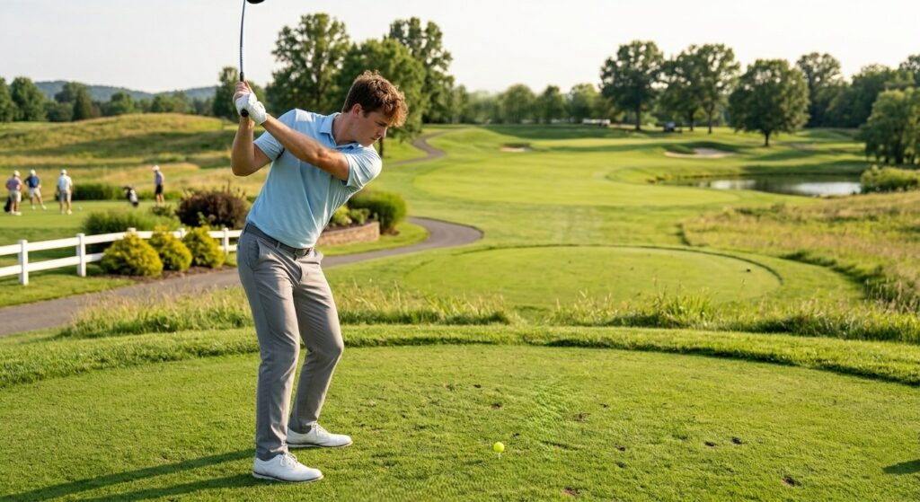 A beginner using the best golf ball for beginner golfers on a sunny course.