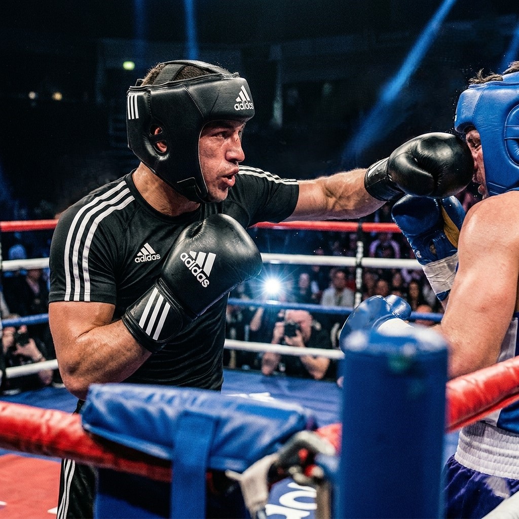 Professional athlete using adidas combat sports equipment for boxing training.