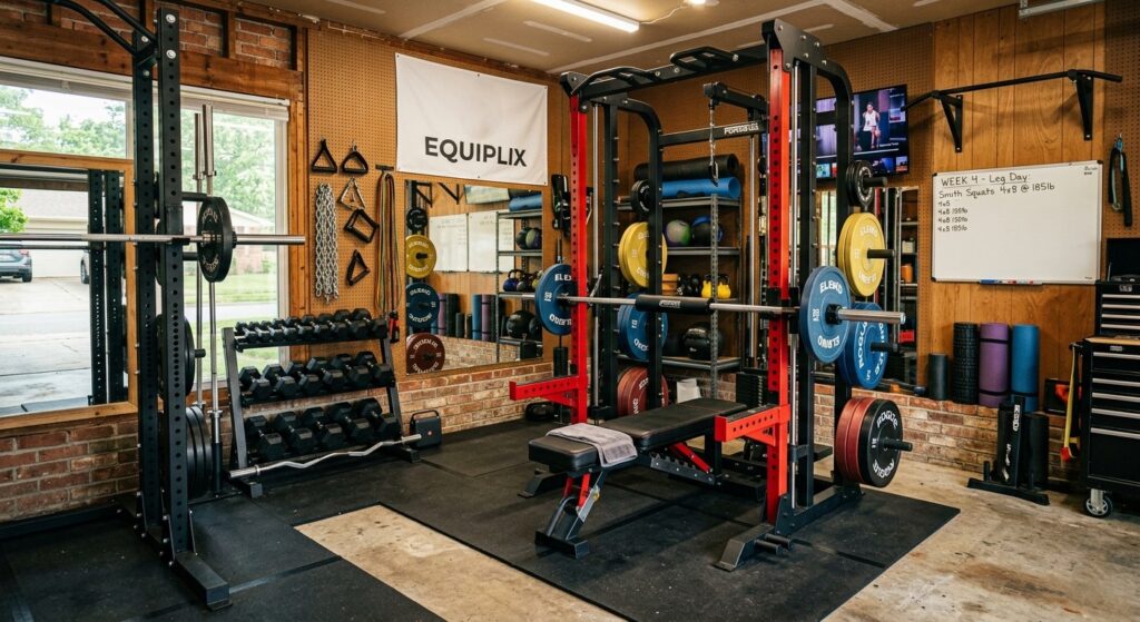 Best all in one home gym setup in a modern garage.