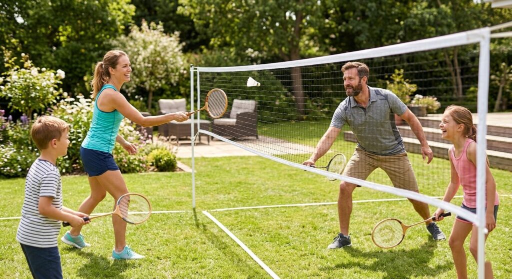 Family playing with the best badminton set in a backyard.