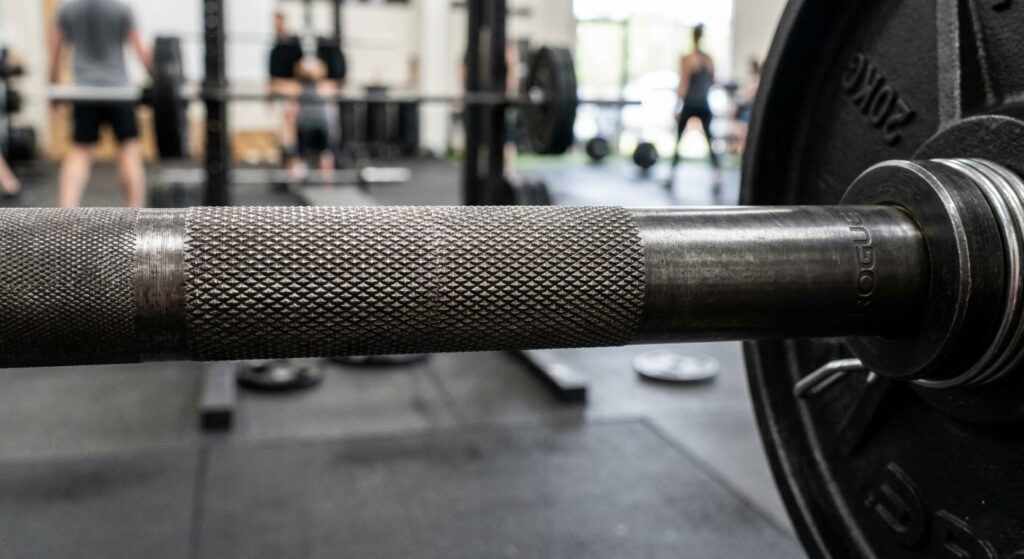 Best barbell for home gym knurling detail.