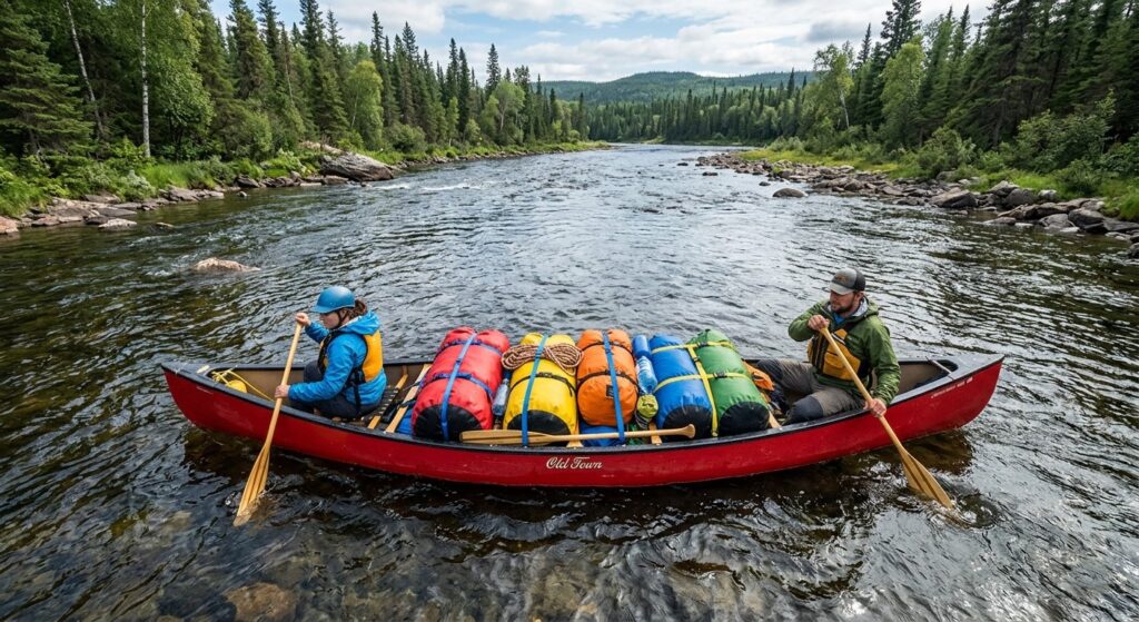 Best canoeing bags secured in a red canoe on a river.