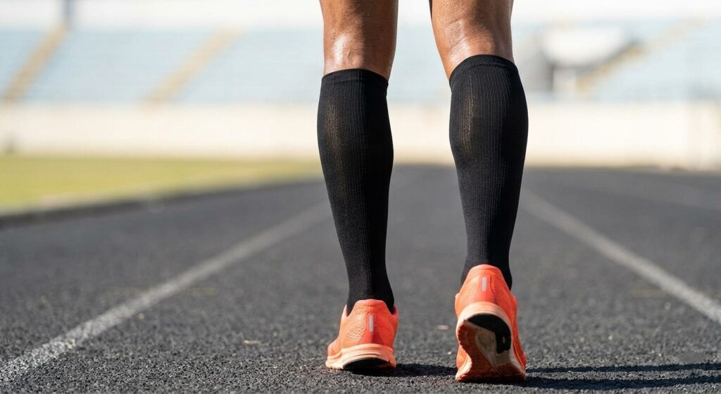 A close-up athletic shot of a runner's calves wearing tight, black Physix Gear compression socks on a bright asphalt track, highlighting the compression gear benefits for muscle support.