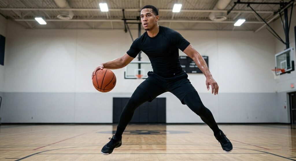 A male basketball player actively dribbling on an indoor court, wearing black compression leggings and a tight shirt as part of his basketball compression gear for muscle support and warmth.