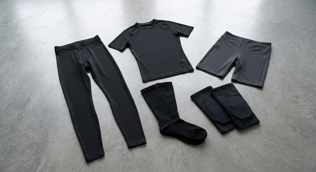 A studio product display showing a variety of the best compression gear for athletes, including Physix Gear socks, mens compression leggings, a compression shirt, and padded basketball gear.