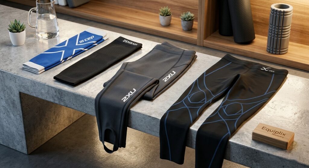 Top-rated compression gear for recovery laid out on a modern gym bench, featuring CEP calf sleeves, Zensah shin sleeves, 2XU Power Recovery tights with foot stirrups, and CW-X Endurance Generator tights with supportive blue stitching, all next to foam rollers, a water pitcher, and a branded Equiplix Recovery block