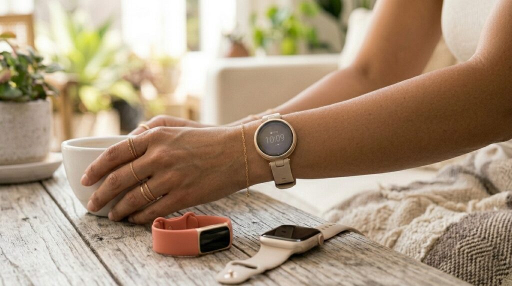A close-up photograph capturing a woman's slender right wrist and hand as she sits at a light-wood patio table, resting her forearm near a white ceramic coffee cup (similar to the setting in image_3.png). The woman has a light-tan complexion and wears multiple delicate gold stacking rings and a thin gold bracelet (identical to those in image_3.png, image_4.png, and image_5.png). On her wrist is the cream-gold Garmin Lily 2 fitness tracker (image_3.png). On her index finger, she wears the brushed 'Rose Gold' Oura Ring Gen3 (image_7.png). Resting neatly on the table in front of her are the other two featured devices: the coral-pink Fitbit Charge 6 (image_4.png) and the Starlight aluminum Apple Watch Series 10 (image_5.png). The background is a soft, blurred (bokeh) outdoor patio setting with green plants and diffused daylight. The lighting is natural and soft, shot with a human, candid aesthetic.