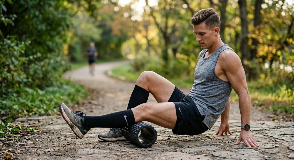 A runner using one of the best foam rollers for runners to relieve calf tightness.