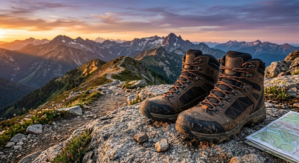 Pair of high-quality leather hiking boots on a rocky mountain summit at sunset, illustrating the best hiking boots for rugged terrain and outdoor adventure.