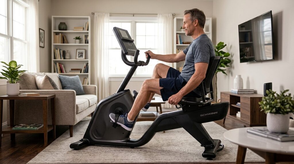 A high-resolution shot of a user comfortably using a Schwinn 290 in a living room.