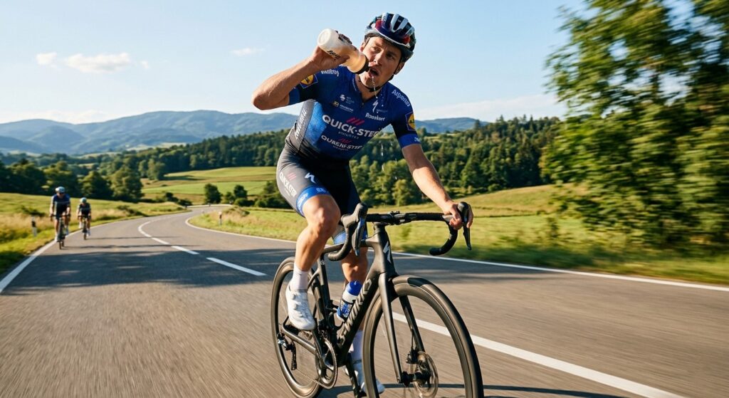 A cyclist using a squeeze bottle while riding