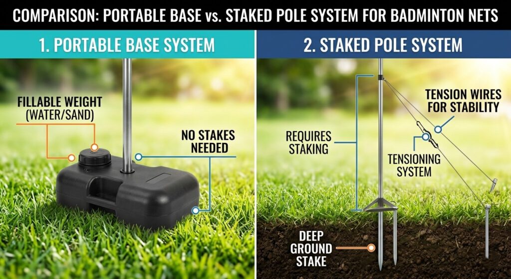 Comparison of a portable badminton set base and steel poles.
