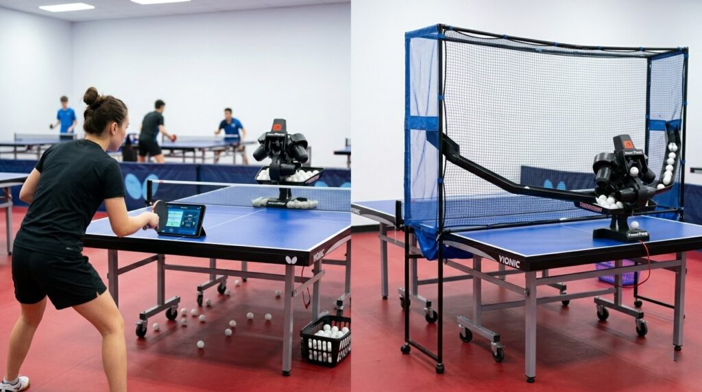 Comparing an automatic table tennis robot with and without a net.