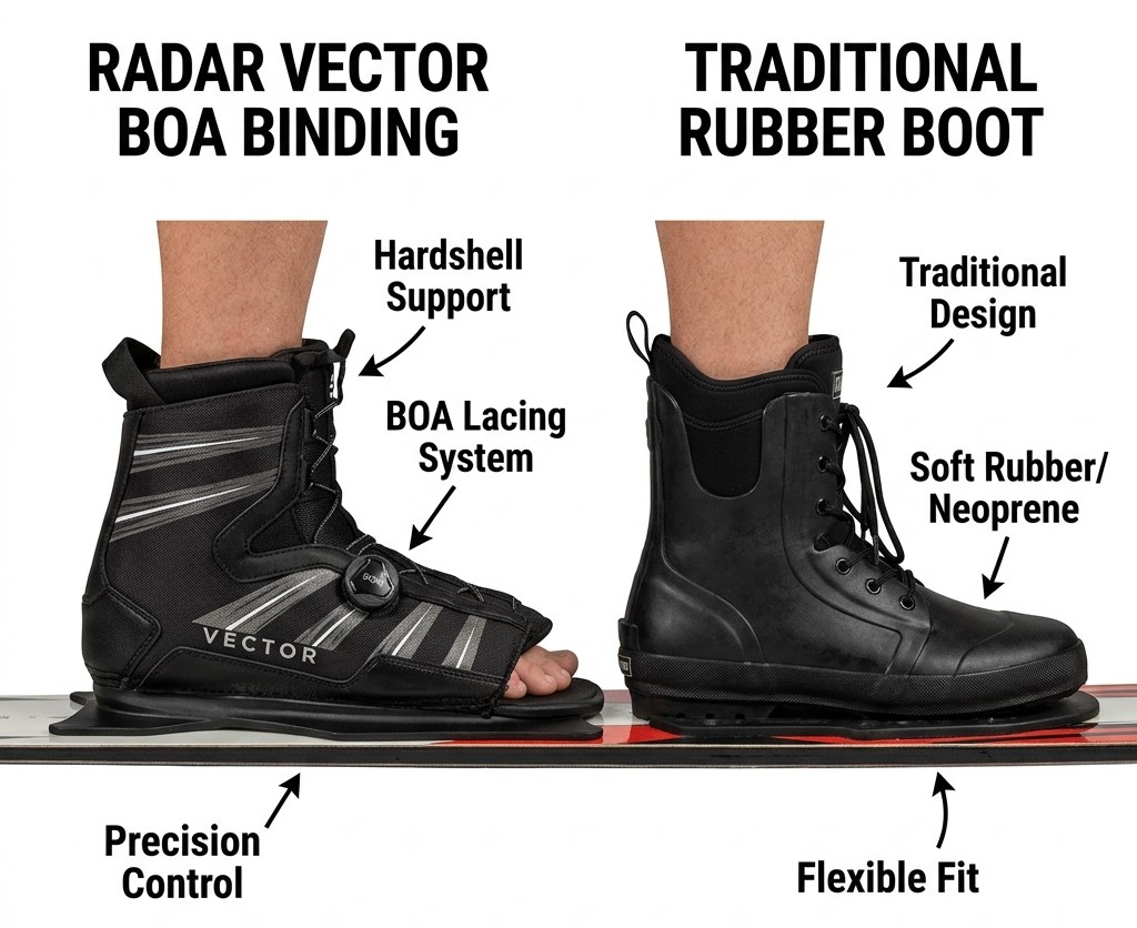 Comparison of different water ski bindings types.