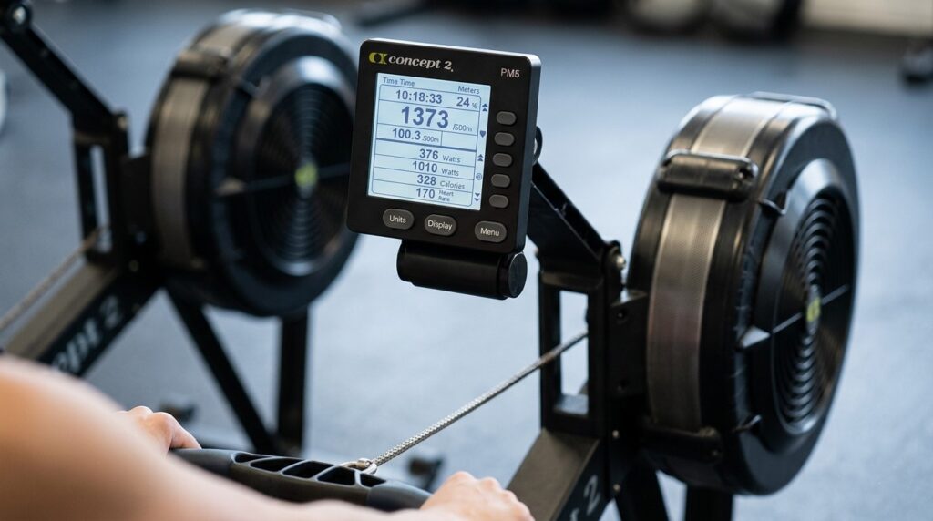 Concept2 rowing machine PM5 monitor showing performance data.