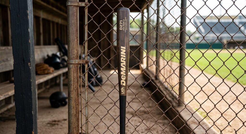 A DeMarini D271 Pro Maple bat resting against a dugout fence.