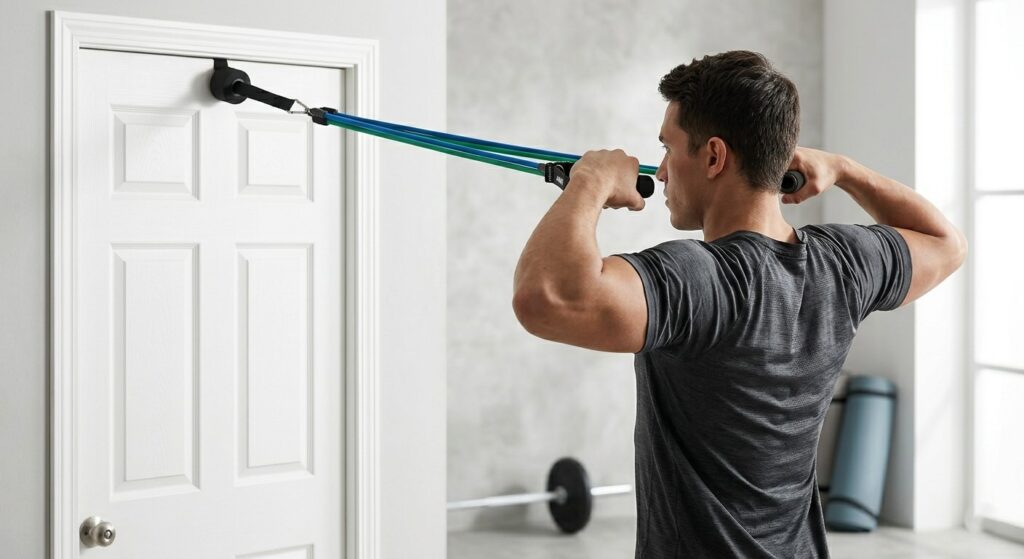 A person performing a "face pull" using a door anchor.