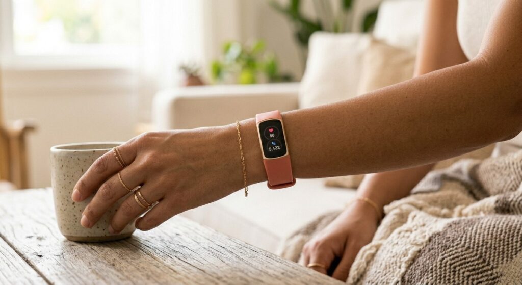 This image features the slim Fitbit Charge 6 in a warm coral/pink color, emphasizing its unobtrusive design. The woman is relaxed indoors near a window, suggesting comfortable, 24/7 wear and simple health monitoring. The gold rings provide visual continuity.