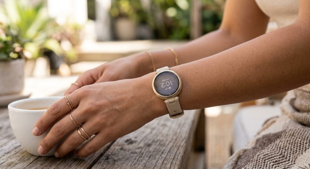 This image focuses on the Garmin Lily 2, highlighting its unique patterned lens and small 35mm form factor. The setting is a chic, daylight patio, emphasizing the tracker as a stylish accessory rather than just a fitness tool.