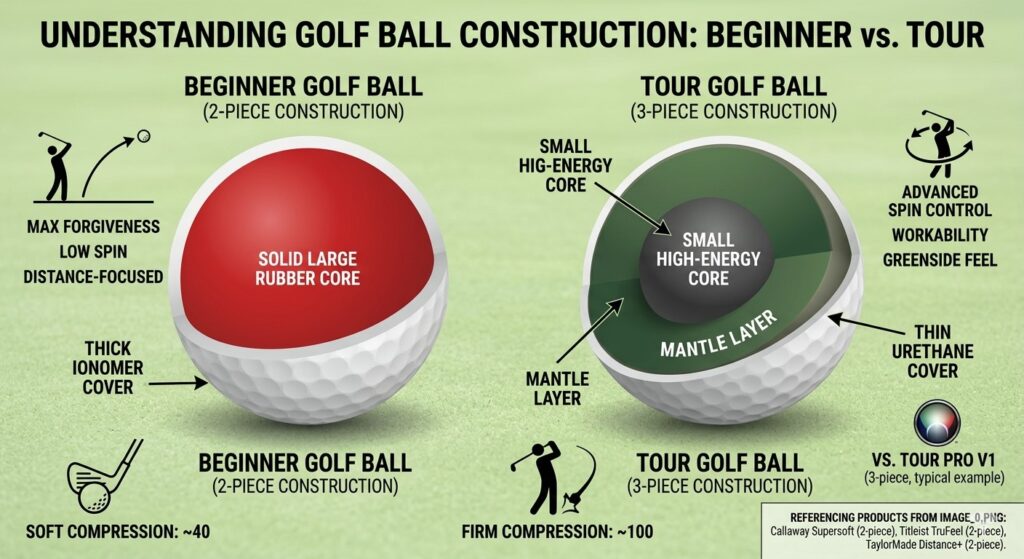 Diagram showing which golf balls are best for beginners based on construction.