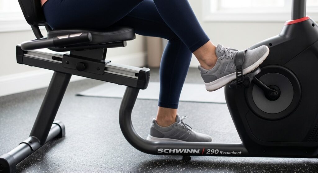 Close up of a step-through frame design showing the ease of access.