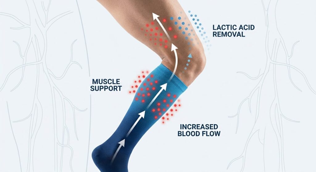 An infographic diagram showing how compression gear works by applying pressure to the leg, featuring white arrows that illustrate increased blood flow and the removal of lactic acid from muscles.
