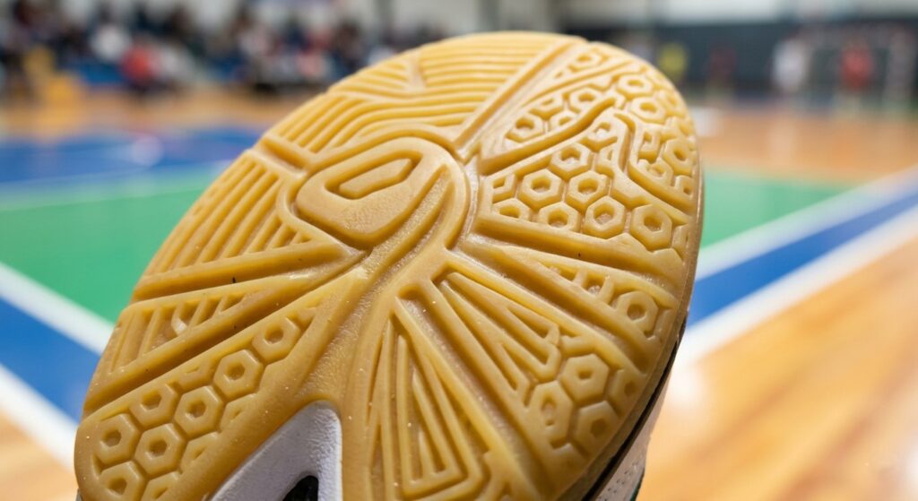 Close up of a non-marking gum rubber sole for badminton sports shoes.