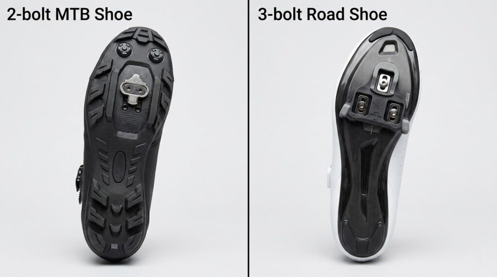 Comparison of 2-bolt and 3-bolt cycling shoe cleat types