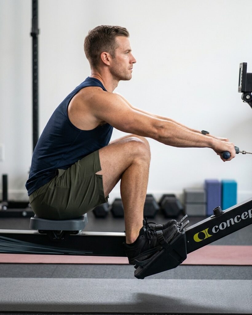 How to use a rowing machine correctly demonstrating the catch phase.