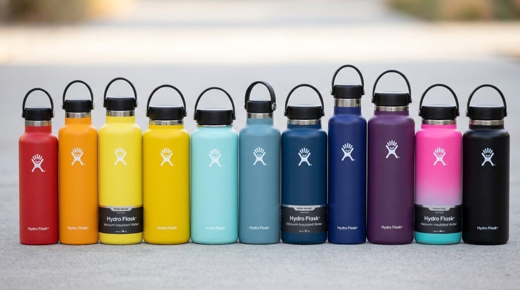 A lineup of different colored Hydro Flasks