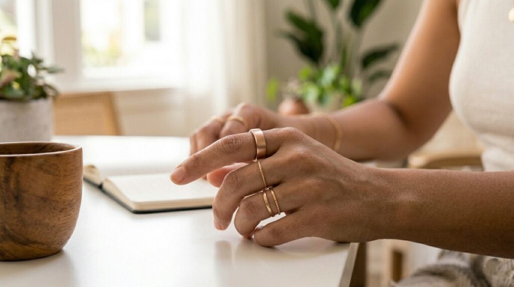 This image showcases the Oura Ring Gen3 in 'Rose Gold' worn on the index finger. To ensure visual continuity across the blog post, the ring is worn by a woman with the same light-tan skin tone and features the identical delicate gold stacking rings seen in the previous tracker images (referencing image_3.png, image_4.png, and image_5.png). She is relaxed, with her hand resting casually on a wooden table, emphasizing the ring’s unobtrusive design.