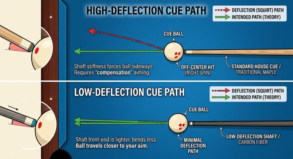  low deflection vs high deflection pool cue accuracy diagram