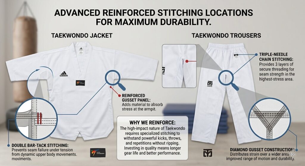  Durable stitching features of high-quality taekwondo doboks.
