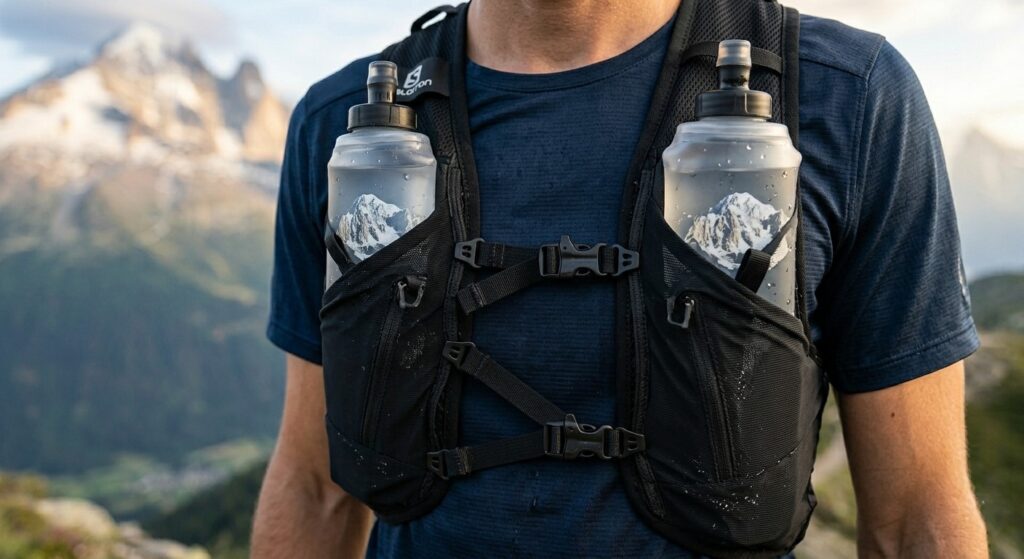 Close up of a running hydration vest with soft flasks.