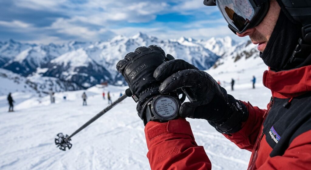 A skier using a watch with thick gloves to demonstrate button functionality