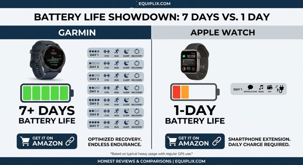Battery life comparison of best smartwatches for workout tracking.