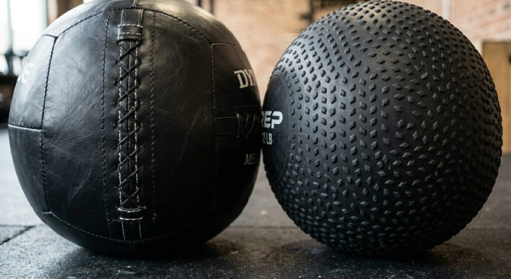 Stitched medicine ball vs rubber slam ball texture comparison