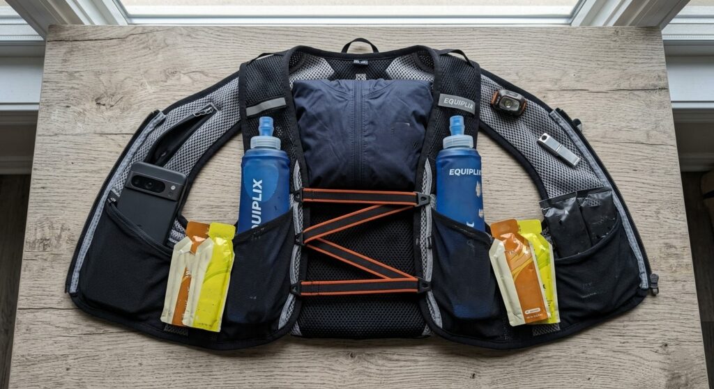 Organizing gear in a trail running vest.