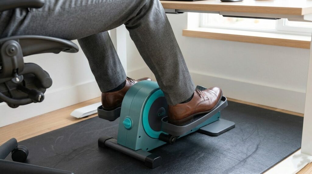 Quiet fitness equipment for desk workers in use.