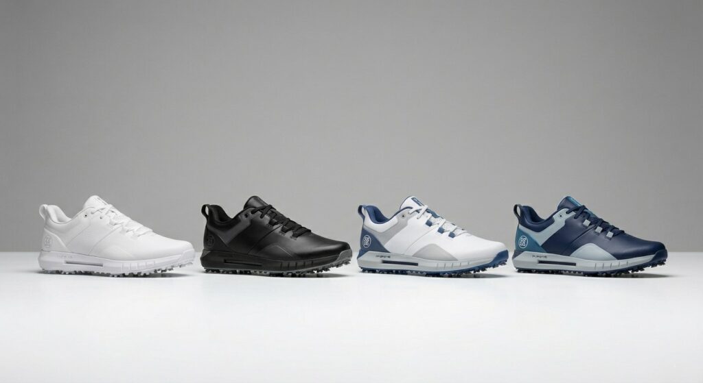 High-performance G/FORE MG4+ O2 G/Lock spiked leather golf shoes shown in white, black, blue-white, and dark navy-grey colorways.