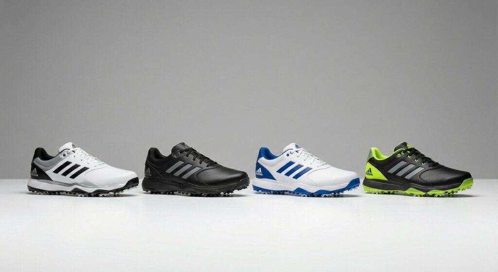 A lineup of four pairs of the adidas Adipower 26 spiked golf shoes, shown in a clean studio setting. The colors include white with black stripes, all-black, white with blue stripes, and a grey/volt green version, displaying the range of colorways available.