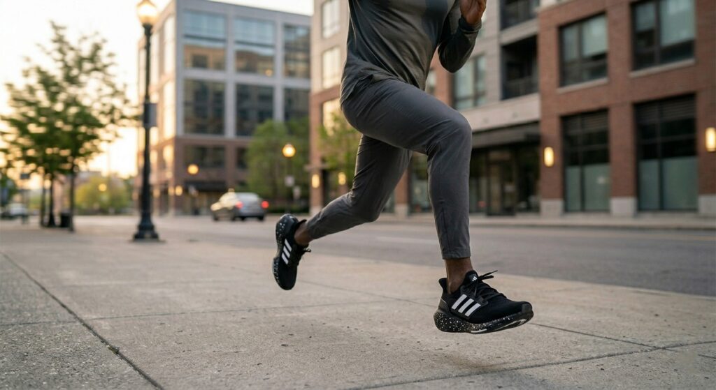 Runner testing Adidas Ultraboost on a city sidewalk at sunrise
